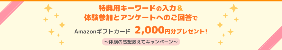 特典用キーワードの入力＆体験参加とアンケートへのご回答でAmazonギフトカード2,000円分プレゼント!